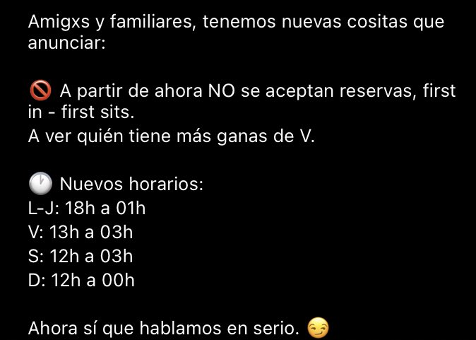 vdevermut's tweet image. [the new normality ed. 3859590]

Nuevos horarios y (no) reservas 

L-J 18h - 01h
V 13h - 03h
S 12h - 03h
D 12h - 00h

🍻👯‍♀️