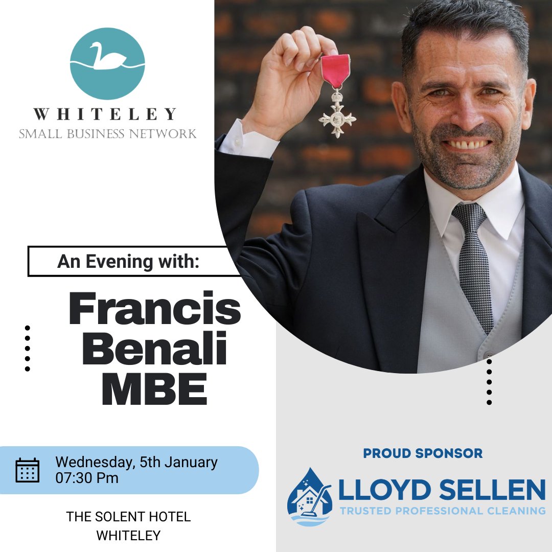 Lloyd Sellen Carpet and Upholstery Cleaning is proud to sponsor ‘An Evening with Francis Benali MBE’ hosted by The Whiteley Small Business Network. Book your place now - eventbrite.co.uk/e/an-evening-w… Wed, 5 January 2022 7:30pm - 9:30pm. @FrannyBenali #lloydsellen #southampton #saints