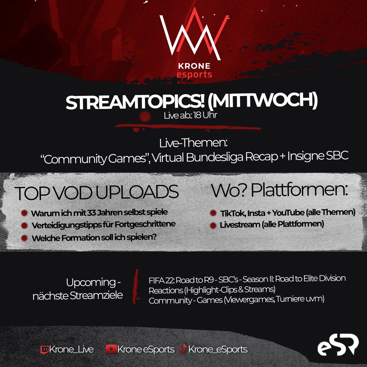 Heute Abend steht bei mir die Insigne SBC und Community /Viewergames an. 🔥

Natürlich schauen wir uns außerdem aktuelle Zwischenstände der <a href="/vbl_official/">VBL | WOW VIRTUAL BUNDESLIGA</a> an. 📈

Ab 18 Uhr bin ich LIVE auf allen Plattformen (TikTok, Twitch, YouTube &amp; Facebook Gaming) ✌

#kroneesports #eSRfamily