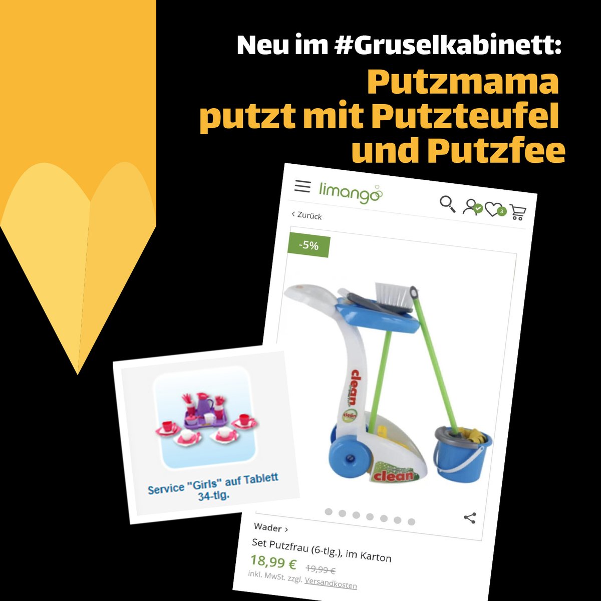GoldenerZaun_'s tweet photo. 👉 Ein frischer Beitrag in unserem #Gruselkabinett: Mädchen sollen sich bitteschön früh im Schrubben und Servieren üben!
#Limango, selbsternannte #1-Plattform für Familien, bedient sich in Betitelung und Beschreibung ihrer Produkte veralteter, heteronormativer Stereotype.
(1/x) https://t.co/0HUa3ytuxH