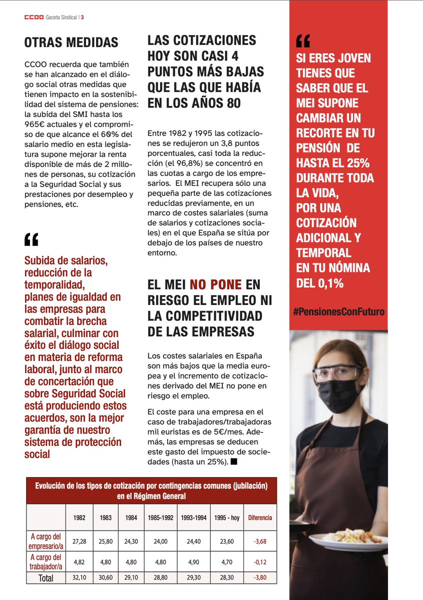 CCOO's tweet photo. #GacetaSindical, con motivo del acuerdo alcanzado en la mesa de diálogo social sobre el MEI que, junto a otras medidas, contribuye a sustituir el Factor de Sostenibilidad impuesto en la reforma de pensiones 
#PensionesConFuturo 
https://t.co/hTGBYI6Y3J https://t.co/aJTic7YhFp