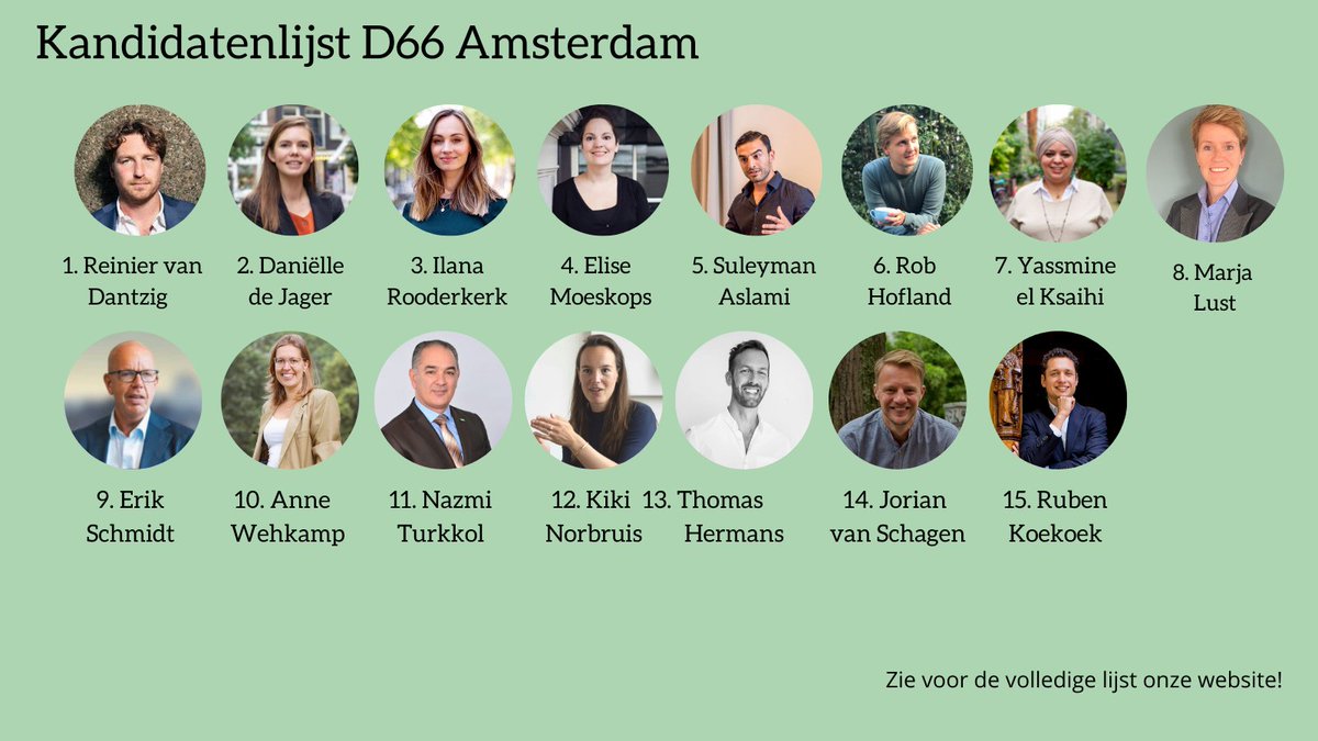 Definitieve kandidatenlijst D66 Amsterdam bekend! Lijsttrekker <a href="/RvDantzig/">Reinier van Dantzig</a>: ''Met veel vertrouwen gaan we met deze lijst de campagne in. D66 wil met dit top team de woon-, klimaat- en kansencrisis te lijf gaan!''

Klik hier voor de hele lijst 👇
amsterdam.d66.nl/d66ers-hebben-…