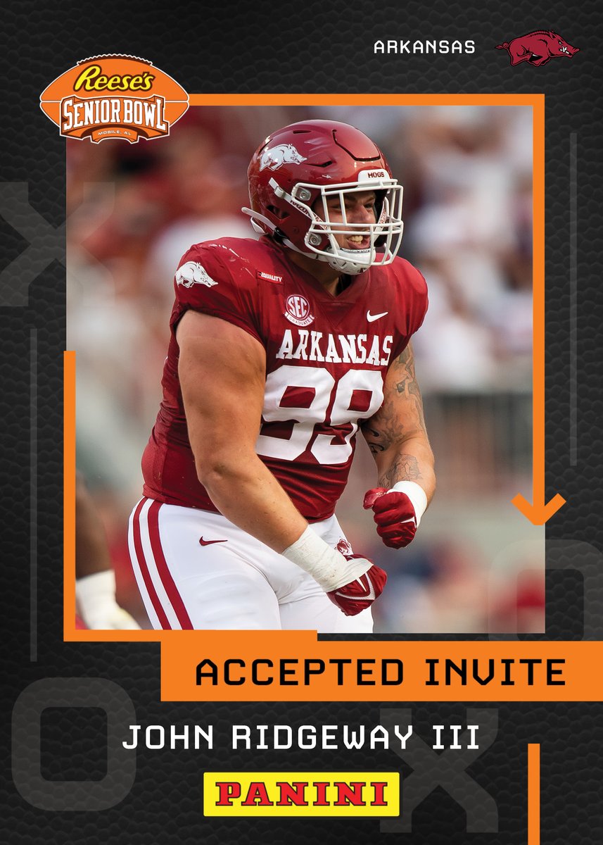 Welcome DL John Ridgeway III (<a href="/ridgeway_79/">John Ridgeway III</a>) from <a href="/RazorbackFB/">Arkansas Razorback Football</a> to the @Reeses Senior Bowl!!! 😤😤😤#WPS #TheDraftStartsInMOBILE #BestOfTheBest

@JimNagy_SB <a href="/PaniniAmerica/">Panini America</a> #RatedRookie