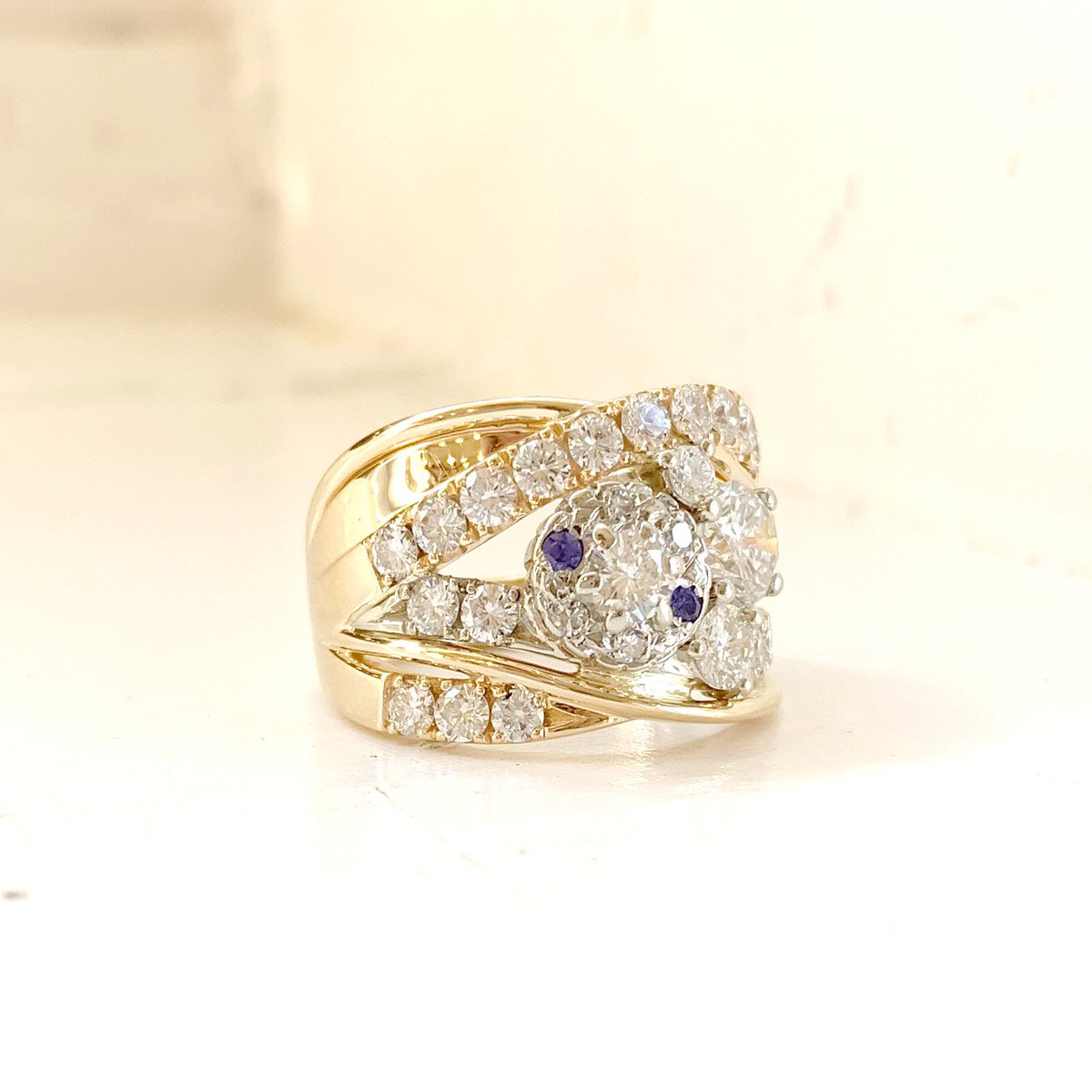 DanasGoldsmith's tweet photo. “This ring is inspired by both sentiment and legacy.”

 A combination of diamonds from hers and her mom’s rings as well as the actual cluster top of her aunt’s ring were used to create this beautiful band style ring set in yellow and white gold. Let us tell YOUR story. https://t.co/ibyptz0gRu