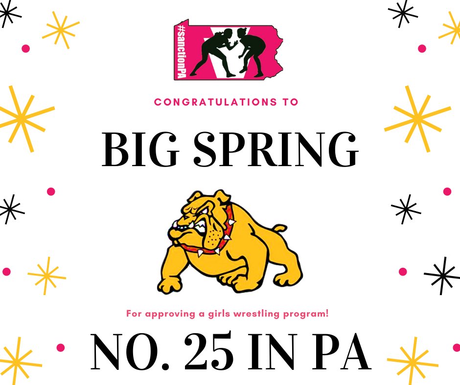 There we go!  Congrats to <a href="/BulldogsBig/">Big Spring Bulldogs Athletics</a> for starting a girls wrestling program.  They are number 25 and make us eligible to apply for emerging sports status with the PIAA! #SanctionPA <a href="/BigSpringSD/">Big Spring SD</a> <a href="/PAPowerWrestle/">PA Power Wrestling</a> <a href="/PA_wrestling/">PA-Wrestling.com</a> <a href="/ptoc134/">Pat Tocci</a> <a href="/SenatorMartinPA/">Senator Scott Martin</a> <a href="/laurenshope/">Lauren's Hope</a> <a href="/dhockensmith/">Dustin Hockensmith</a>