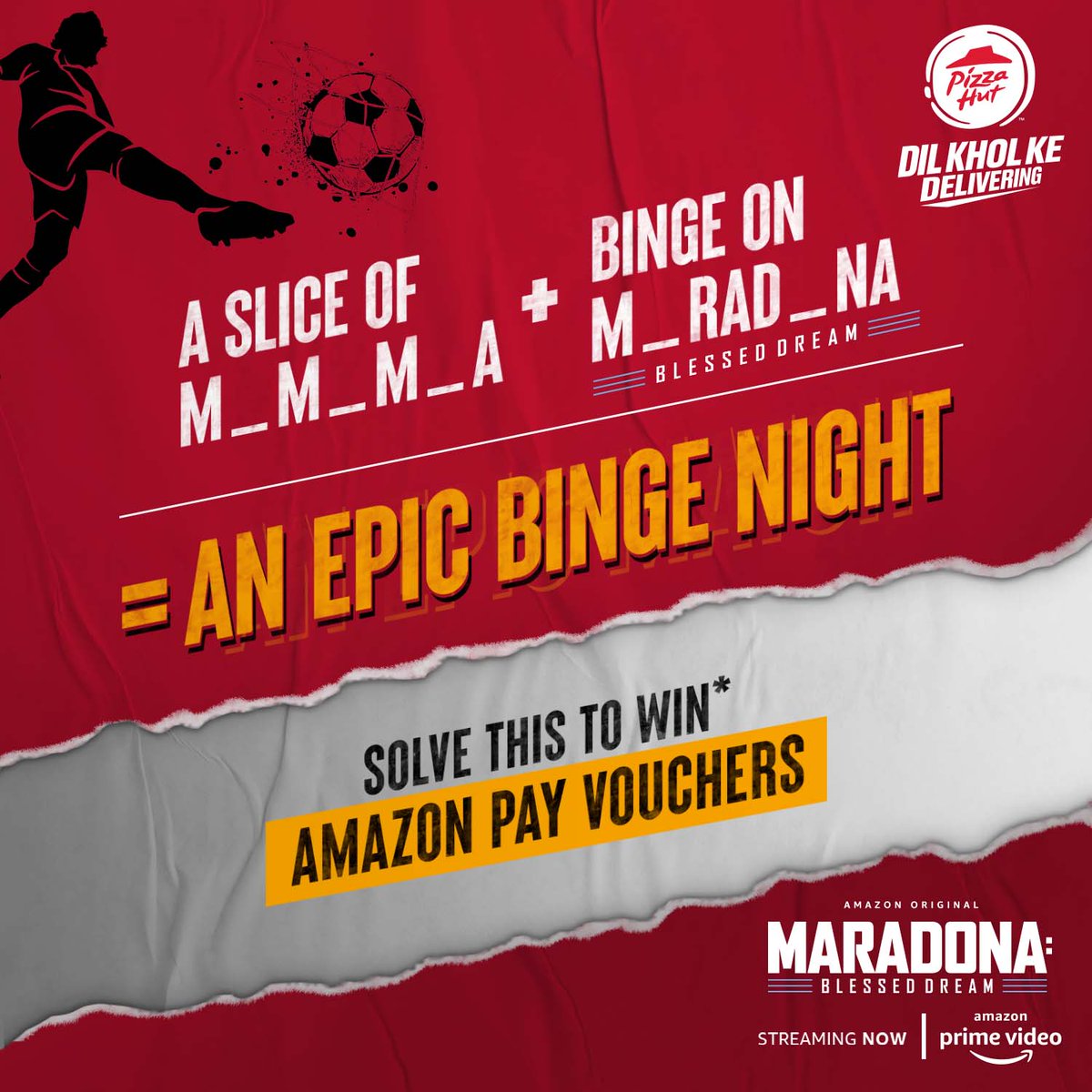 PizzaHutIN's tweet photo. #ContestAlert
Hint: Aap inn dono ke fan ho 🤭 Tell us your answers in the comments below &amp; get a chance to win Amazon Pay vouchers! 🙌🏽 @PrimeVideoIN
#Collab #MaradonaOnPrime #Momomia #JustEpic https://t.co/GLCamxx1rj
