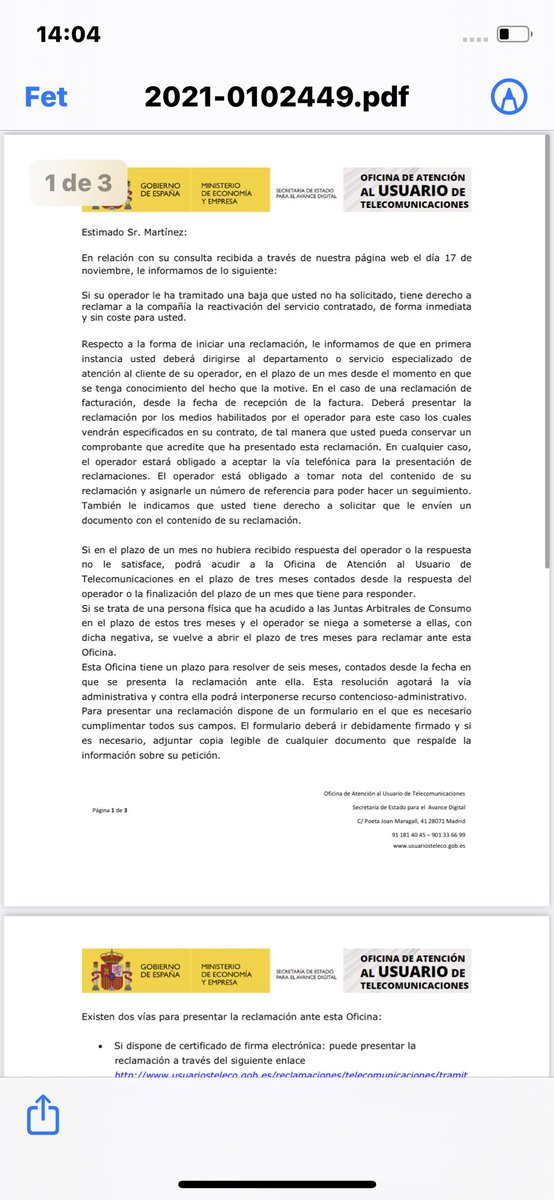 dmartinezc2's tweet photo. @movistar_es Hola no tenéis vergüenza, llevo 8 días sin servicios os adjunto una carta del Ministerio dónde pone bien claro que tengo derecho a que me reactiven los servicios inmediatamente por baja indebida https://t.co/zz06GKJWo9