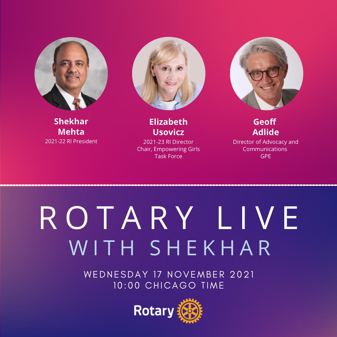 Shekhar_Rotary's tweet photo. Stay tuned for the Rotary live today at 9:30 pm IST with me, Geoff Adlide, Director of Advocacy &amp; Communications for the Global Partnership for Education, and Elizabeth Usovicz, RI Director and Chair of the #EmpoweringGirls2021 task force. Fb – https://t.co/YIjmmyDDqh https://t.co/QcdAFEigjG
