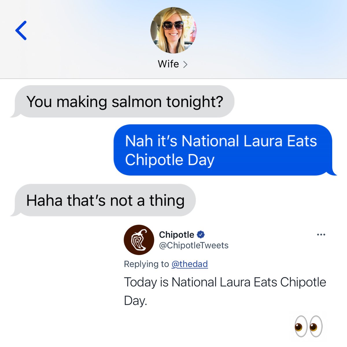 thedad's tweet photo. Today is November 17 and that means it's National Laura Eats Chipotle Day. (It's true, give it a Goog.) Here's the origin story of perseverance and ingenuity amidst impossible odds. 

Tag a Laura. Take the night off of cooking. You deserve it.

@ChipotleTweets @TheJoelWillis https://t.co/eIv0EcOVkA