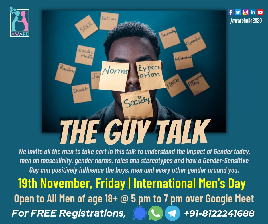 awareindia2020's tweet photo. We invite all the men to take part in this talk to understand the impact of Gender today, men on masculinity, gender norms, roles and stereotypes and how a Gender-Sensitive Guy can positively influence the boys, men and every other gender around you.
#theguytalk #mentalk #consent https://t.co/2IJPq3cBVm