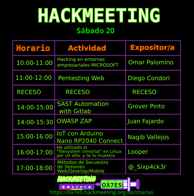 HackmeetingB0's tweet photo. ¡Hola!
Esta versión de Hackmeeting Yacuiba 0x7e5 se viene con todo.
Con ustedes el cronograma de actividades para este fin de semana  19, 20 y 21 de Noviembre.
Pronto estaremos publicando los enlaces para la trasmisión.  
Cronograma: https://t.co/f7jXrzIM2A

¡Happy Hacking! https://t.co/A1mVw5hN5b