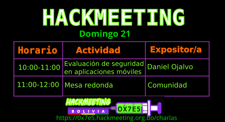 HackmeetingB0's tweet photo. ¡Hola!
Esta versión de Hackmeeting Yacuiba 0x7e5 se viene con todo.
Con ustedes el cronograma de actividades para este fin de semana  19, 20 y 21 de Noviembre.
Pronto estaremos publicando los enlaces para la trasmisión.  
Cronograma: https://t.co/f7jXrzIM2A

¡Happy Hacking! https://t.co/A1mVw5hN5b