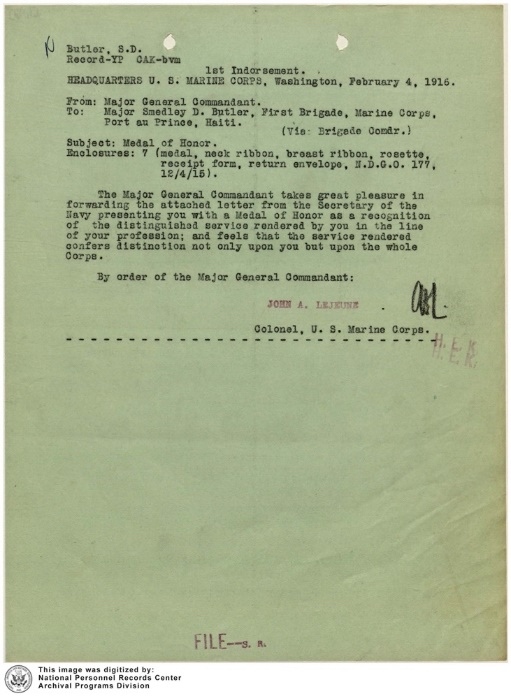 USMCMuseum's tweet photo. #OTD in 1915, Maj Smedley Butler received his second Medal of Honor for his heroic actions leading his Marines at the Battle of Fort Riviere, Haiti. 

He is one of only two Marines to have twice received our nation’s highest decoration for battlefield valor. https://t.co/ucePXKQpy6