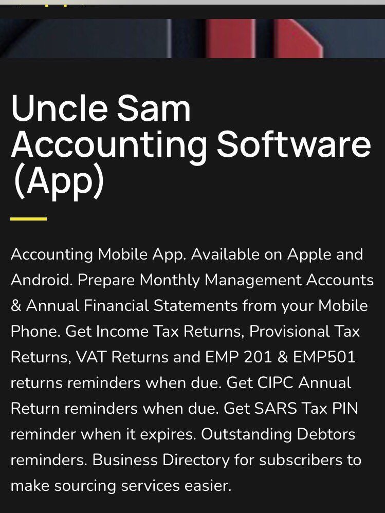 Kasi Economy (@kasieconomy) on Twitter photo Musa Mohlare launched an Accounting App for Apple & Android called Uncle Sam App. The App captures transactions on any smart phone in less than 10 seconds & prepares financial statements or management accounts in real time.
<a href="/unclesamapp/">Uncle Sam Mobile App 📱</a> Musa Mohlare launched an Accounting App for Apple & Android called Uncle Sam App. The App captures transactions on any smart phone in less than 10 seconds & prepares financial statements or management accounts in real time.
<a href="/unclesamapp/">Uncle Sam Mobile App 📱</a>