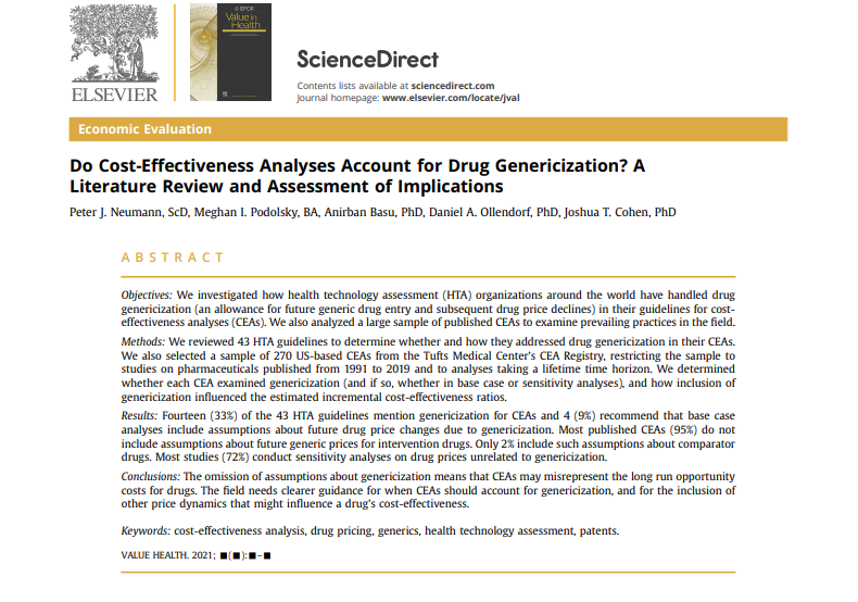 TuftsCEVR's tweet photo. Only 5% of published #CEAs include assumptions about future genericization

 Only 33% of #HTA guidelines mention future drug price changes due to #genericization in CEAs

 New pub in VIH by @PeterNeumann11 @meg_po1 @Basucally @dollendorf 

https://t.co/pJ9ZjESxW7

@ISPORJournals https://t.co/A4Oluw5tNe
