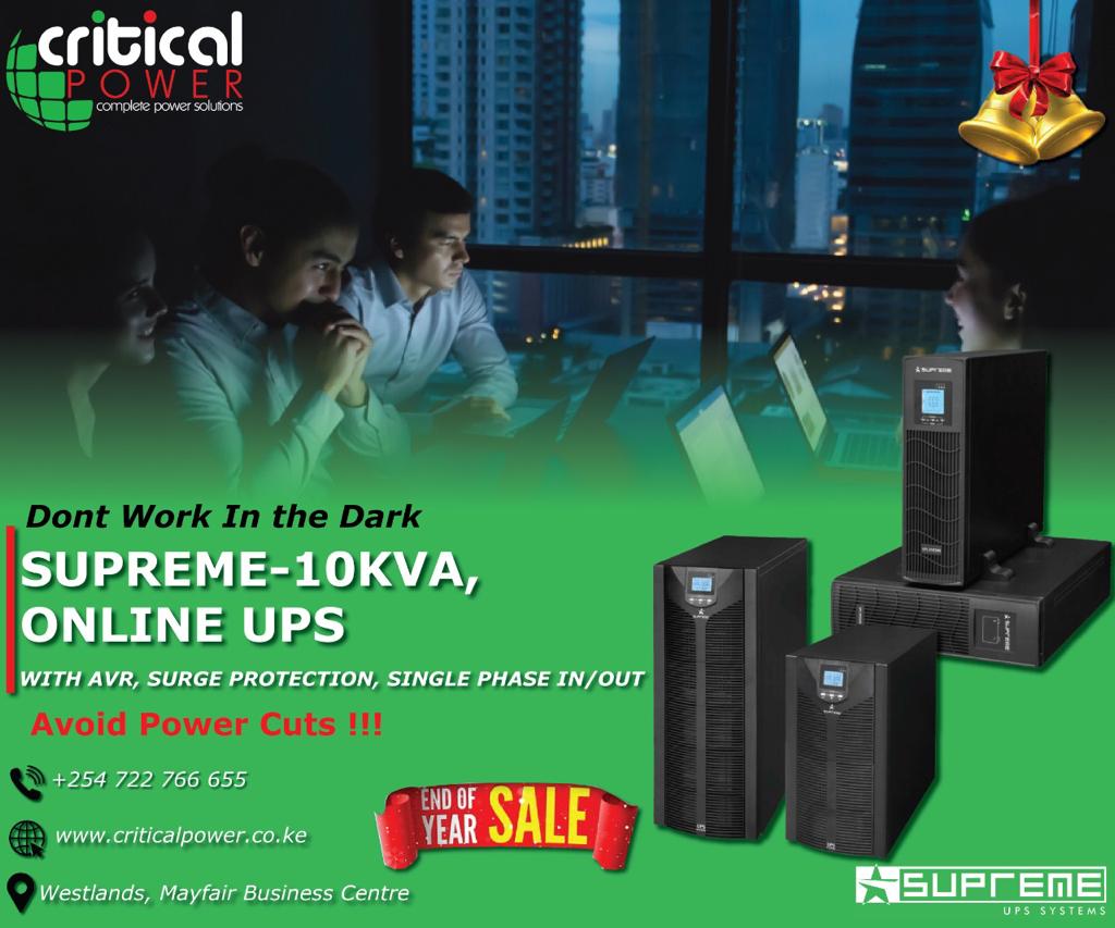 Start your festivities early!!
Get a  SUPREME -10KVA ONLINE UPS to sort out your  power backup needs.
#reliablepower #supremeonlineups 

Contact us on 0722766655/ 0733938564 or send an email to customercare@criticalpower.co.ke
For more info: criticalpower.co.ke