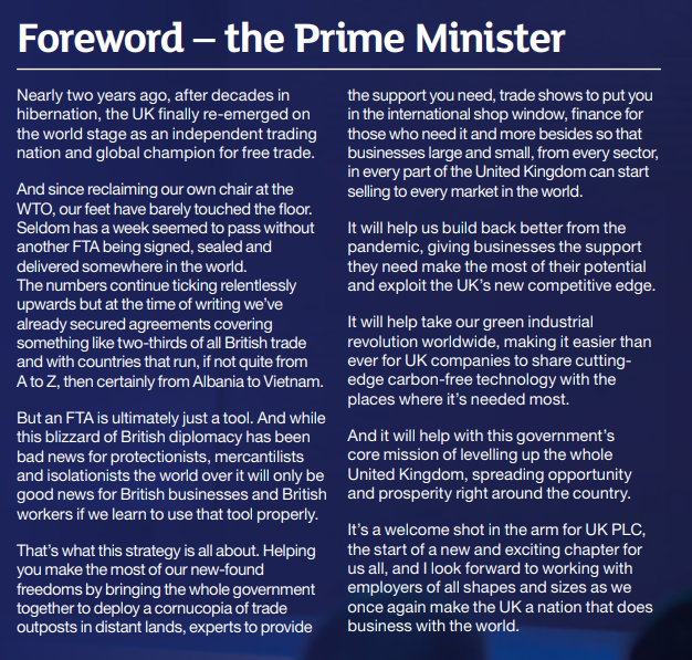 DavidHenigUK's tweet photo. Completely misleading (on FTAs and free trade) and insulting to those many businesses that export. Demonstrates how little the government understands of trade. A sign of debased standards that such nonsense is published. (from the 'export plan' that isn't any such thing). https://t.co/r03GZaEJRq