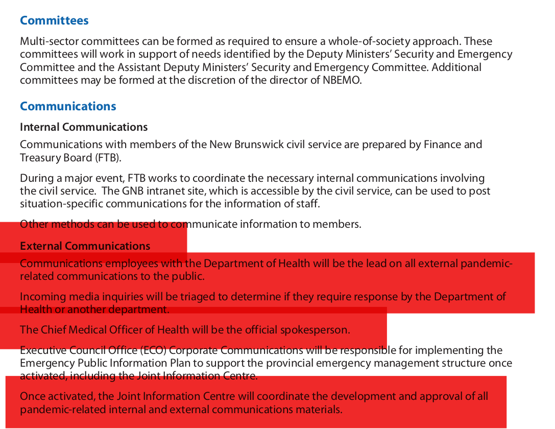 feltford's tweet photo. @signindoc @CBCNews @BJMCBC @poitrasCBC @CBC_JocelynE @thewrightpage According to NB's Pandemic Plan the CMOH is the official spokesperson: https://t.co/FsXxWGV7OT