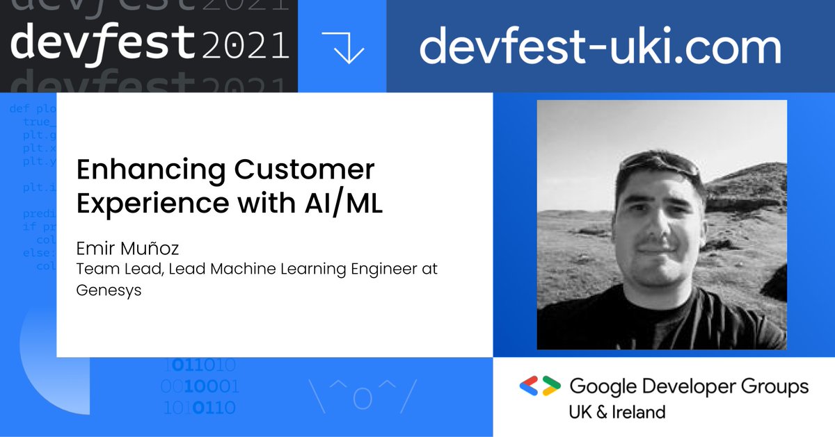 📢SPEAKER ANNOUNCEMENT! <a href="/emir_munoz/">Emir Muñoz</a> is delighted to be one of our speakers for #DevFest UK &amp; Ireland!

📅 Saturday, January 29, 2022
🎟️ devfest-uki.com
🌍 London

Join us for this Hybrid (in-person &amp; virtual) event.
#devfestuki #ai #ml #CustomerExperience