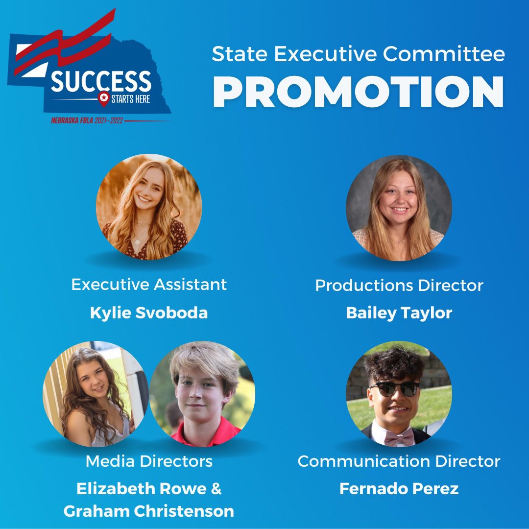 NebraskaFBLA's tweet photo. We are thrilled to announce this year’s State Executive Committees! These leaders from across the state have taken the opportunity to lead on the state level in their newly acquired positions! We can’t wait to see all that gets accomplished! https://t.co/3xEGdT2Usi