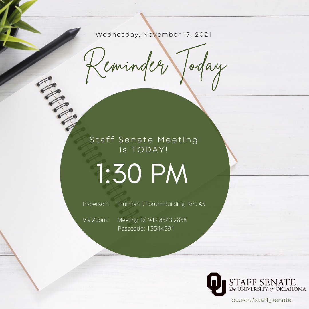 All full time monthly and hourly employees are invited to attend todays Staff Senate meeting.