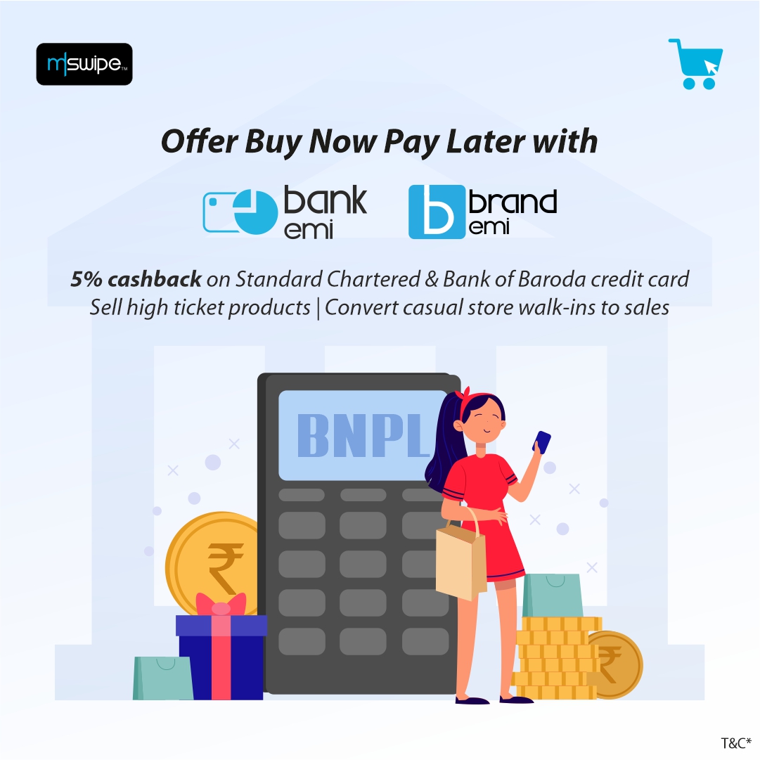 Mswipe's tweet photo. Boost your sales with Mswipe Bank &amp; Brand EMI facility, as acquiring new customers has become easier than ever. Get 5% cashback on Standard Chartered &amp; Bank of Baroda credit card transactions. 

#Mswipe #digitalpaymentsolution #EMI https://t.co/qZUkROqYSt