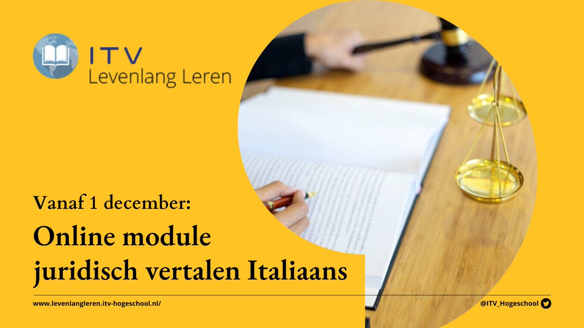 Interesse in juridisch #vertalen #Italiaans en dit najaar bijscholen? Op 1 december start de #online #module ‘juridisch vertalen – Italiaans’. Meer weten over deze module? Ga naar levenlangleren.itv-hogeschool.nl/vertalen/itali…. Hier vind je ook het aanmeldformulier.