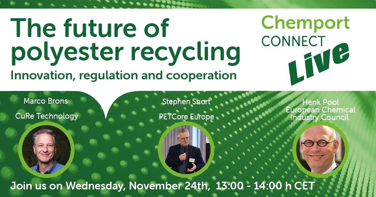 NEXT WEEK : Chemport Connect Live session! The future of polyester recycling. Join the discussion with Marco Brons (<a href="/CuRePolyester/">CuRe Technology</a>) Stephen Short (<a href="/petcoreeurope/">PETCORE EUROPE</a>) and Henk Pool (<a href="/Cefic/">Cefic</a> - European Chemical Industry Council) on November 24th.

bit.ly/3B4pOR9