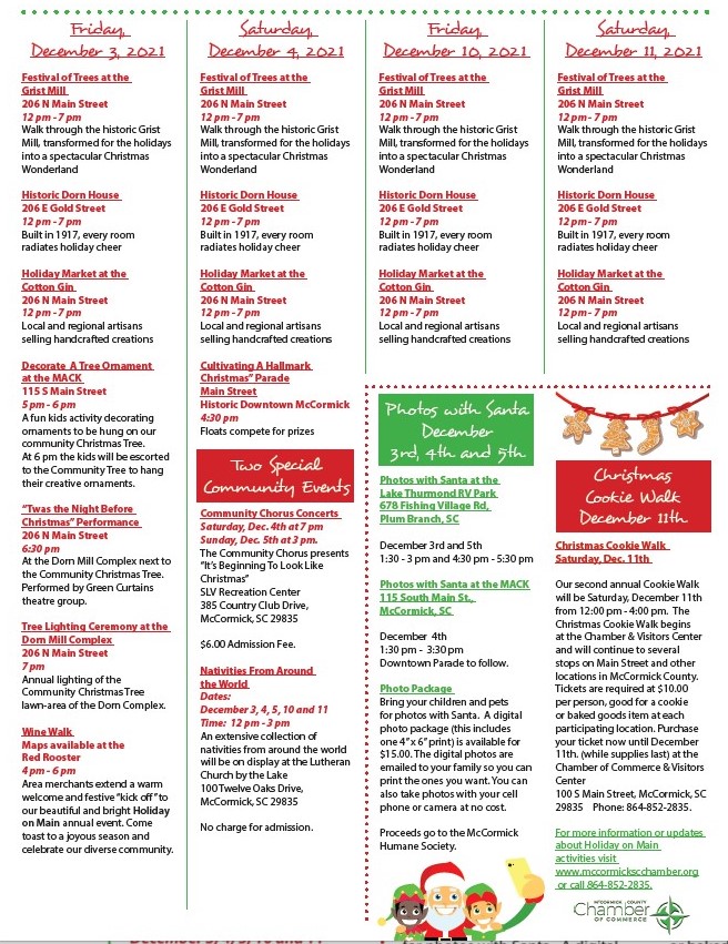 See exciting Community Tree Lighting Ceremony information below - there are activities for all ages! The Lighting Ceremony will be held Friday, Dec. 3  at 7 p.m. at the Dorn Mill Complex grassy area.