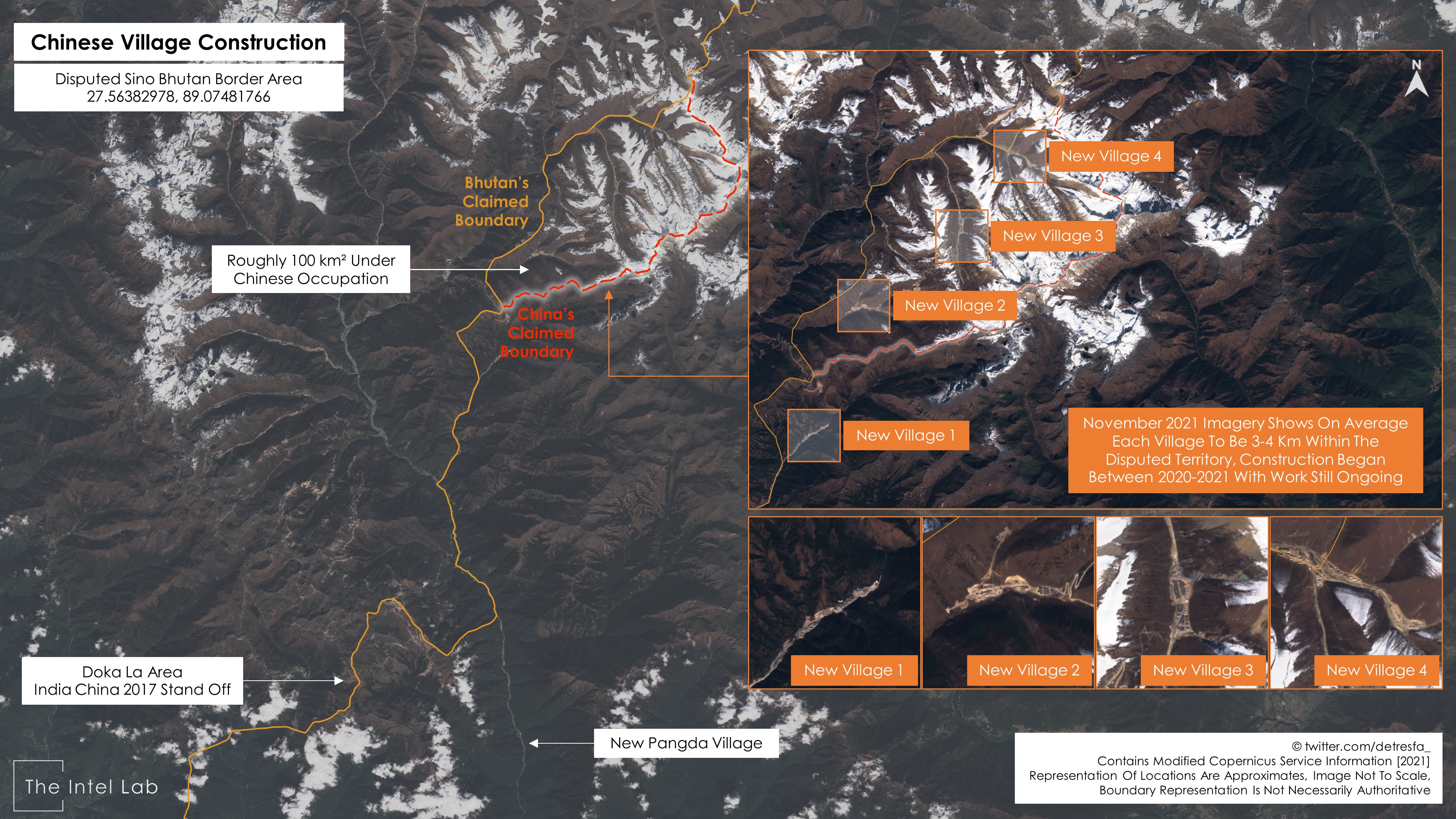 Damien Symon on X: Disputed land between #Bhutan & #China near Doklam  shows construction activity between 2020-21, multiple new villages spread  through an area roughly 100 km² now dot the landscape, is
