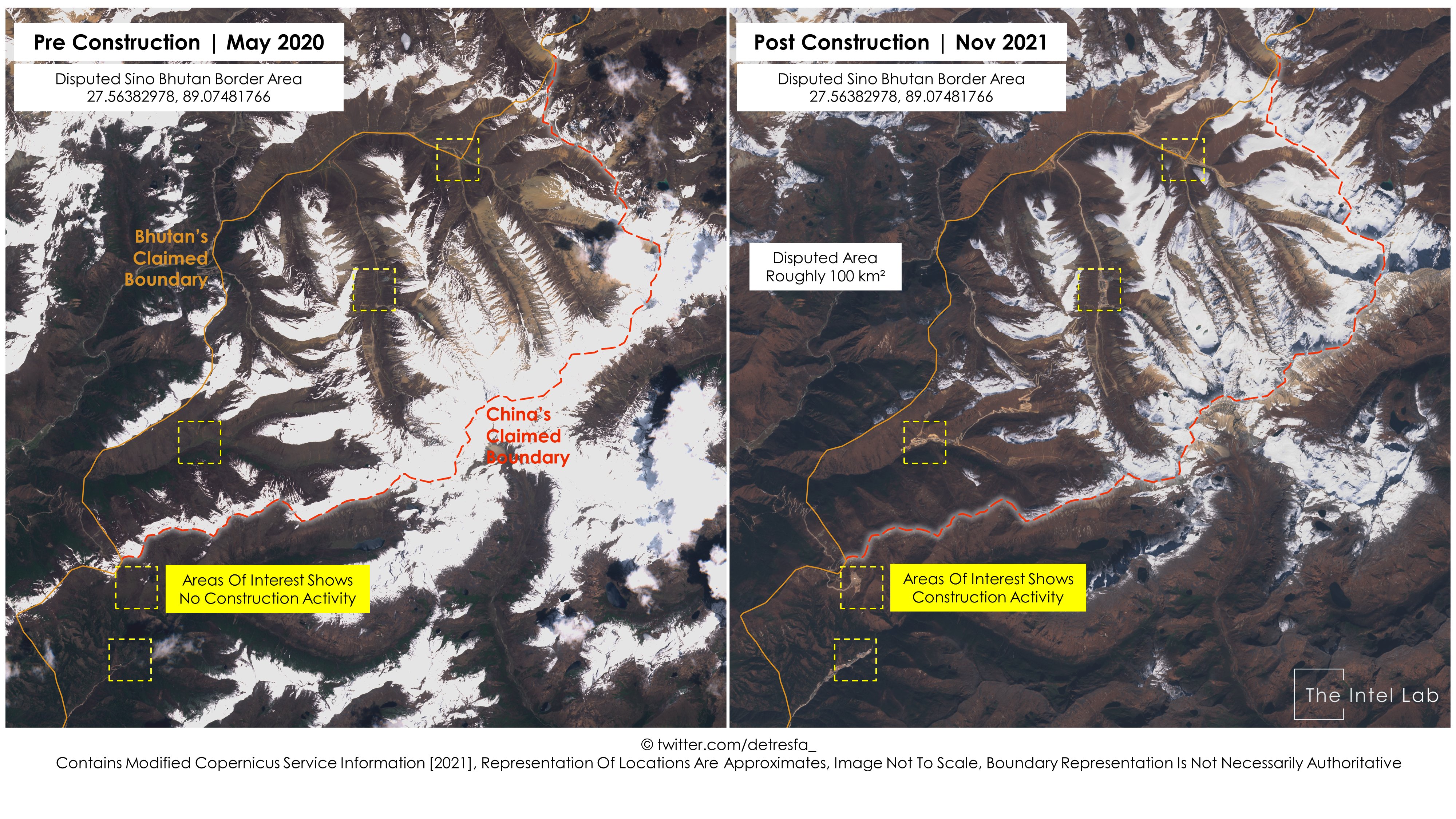 Damien Symon on X: Disputed land between #Bhutan & #China near Doklam  shows construction activity between 2020-21, multiple new villages spread  through an area roughly 100 km² now dot the landscape, is