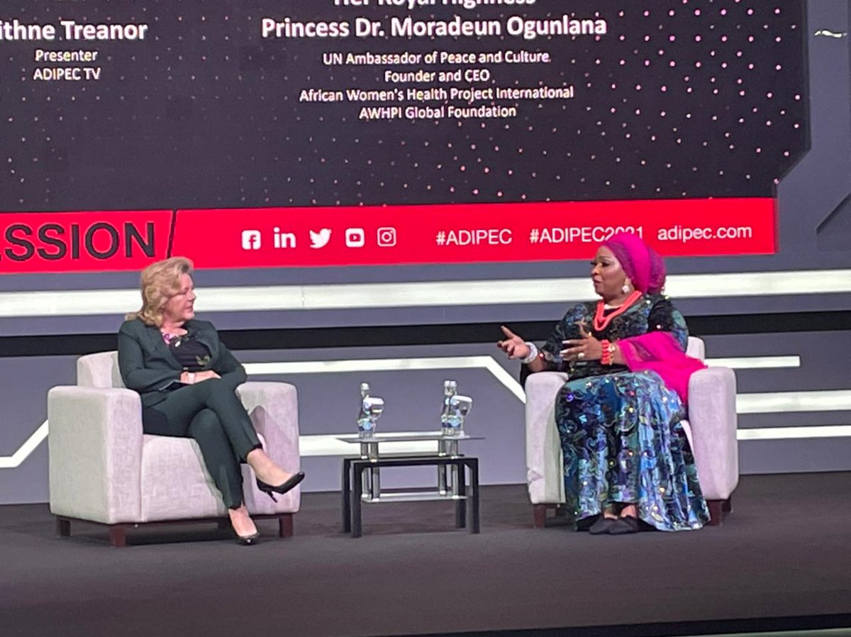 ADIPECOfficial's tweet photo. Her Royal Highness Princess Dr. Moradeun Ogunlana, hared insights today in a live session titled: “Creating a brighter future for inclusive economic empowerment.” #ADIPEC #ADIPEC2021 https://t.co/u9hhC1sabu