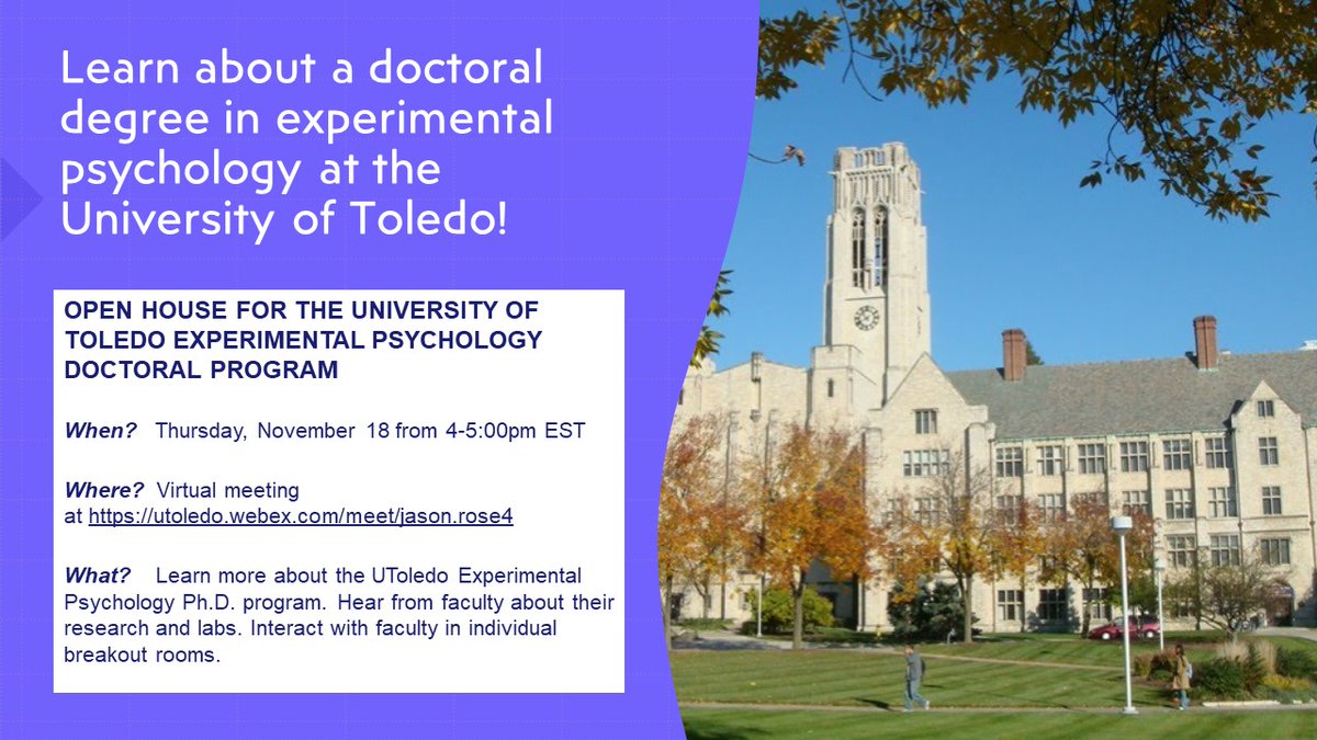 UToledoPsych's tweet photo. The UToledo Experimental Psychology Doctoral Program is holding a virtual open house this Thursday (Nov 18) from 4-5 PM EST for interested students. Meet faculty and learn more about the program and all that it offers! 

WebEx link: https://t.co/aGlPdFlhCu https://t.co/1AH1CeS6Cp