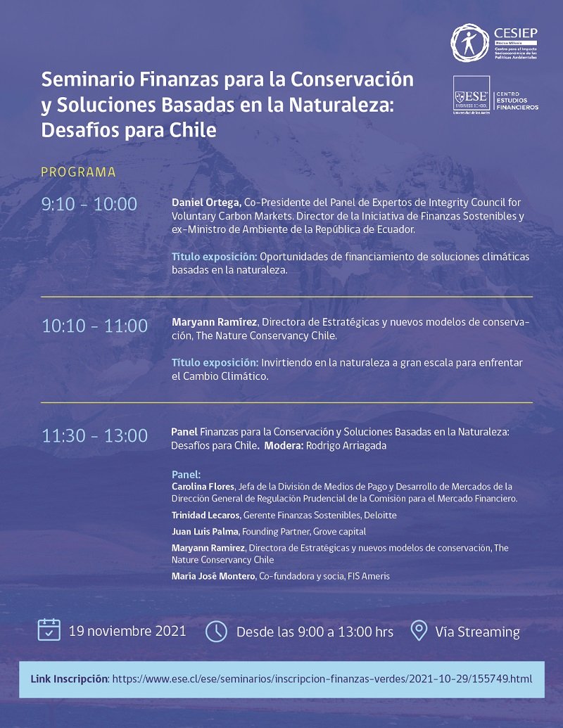 Este 19 de noviembre, no te pierdas el Seminario “Finanzas para la Conservación y Soluciones Basadas en la Naturaleza: Desafíos para Chile”. Inscripciones aquí: 
ese.cl/ese/seminarios…