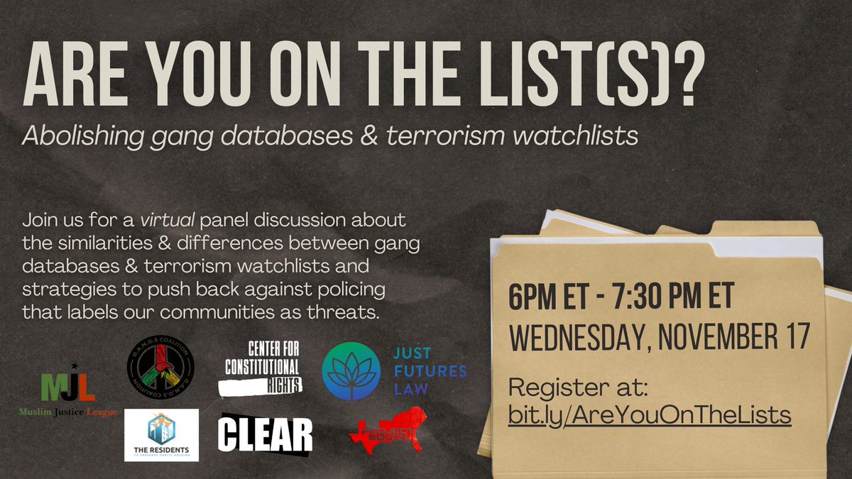 ProjectSouth's tweet photo. TONIGHT! Join the NYC GANGS Coalition, CUNY CLEAR, Muslim Justice League, Just Futures Law, &amp; the Center for Constitutional Rights discuss similarities &amp; differences between gang databases &amp; terrorism watchlists. Register: https://t.co/No6hWtPvkf https://t.co/AWF5MyzCv2