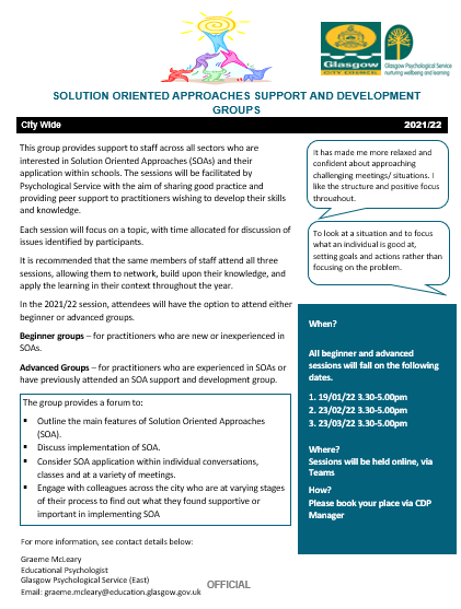 January will see the start of our solution-oriented approaches support and development groups. Available to all GCC education staff on CPD manager from tomorrow. We are running beginner and advanced groups this year. See flyer below!
