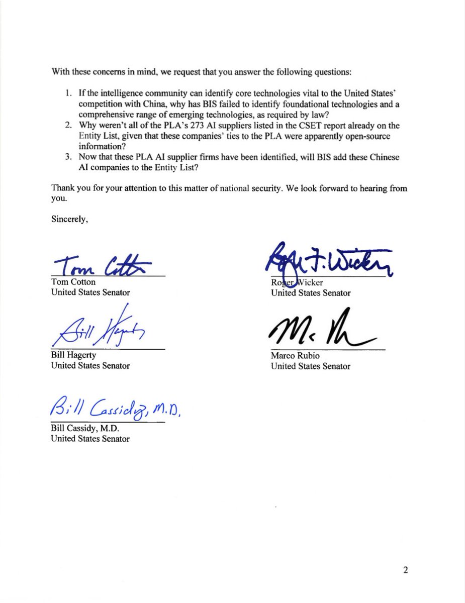 Thank you, Senators <a href="/SenTomCotton/">Tom Cotton</a>, <a href="/RogerWicker/">Roger Wicker</a>, <a href="/BillHagertyTN/">Bill Hagerty</a>, <a href="/marcorubio/">Marco Rubio</a>, and <a href="/BillCassidy/">Bill Cassidy, M.D.</a>, for your attention to this important issue and interest in our recent <a href="/CSETGeorgetown/">CSET</a> report.

cassidy.senate.gov/imo/media/doc/…