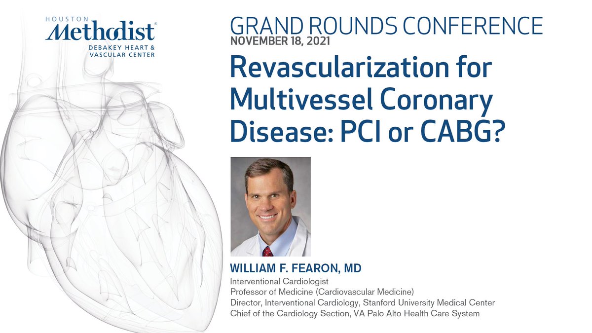 DeBakeyCVedu's tweet photo. Join us tomorrow at 8am for this week’s Grand Rounds as Dr. Fearon presents “Revascularization for Multivessel Coronary Disease: PCI or CABG?” #CardioTwitter #EPeeps #cardiovascular #CVSciences #CardioEd
Watch it LIVE @ https://t.co/UoNCRGwQzV https://t.co/TUB7RwqFtk