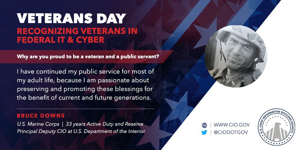 ciodotgov's tweet photo. With 20+ years in public service, Bruce Downs is a proud #VeteranInFedTech as the Principal Deputy CIO at @Interior. We thank you, Bruce, for your service in the @USMC &amp; for your passion for preserving &amp; promoting security through strategic initiatives. #VeteransInFedTech https://t.co/23IxRskFiB