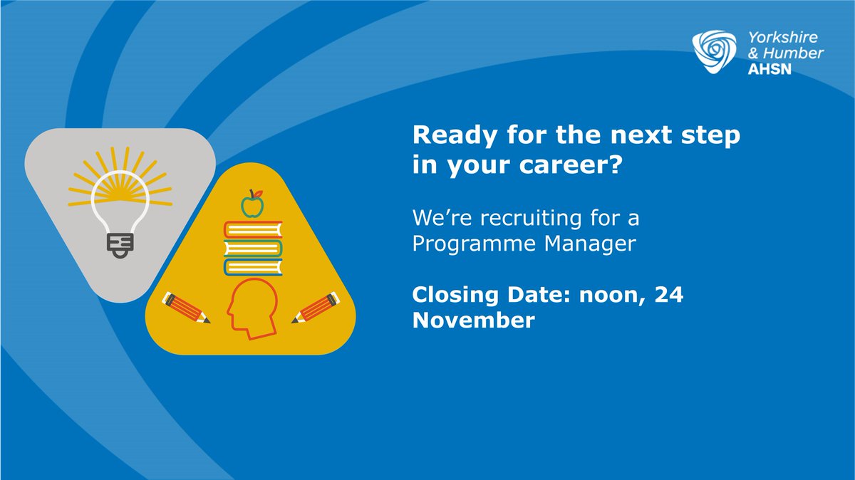 Health Innovation Yorkshire & Humber (@healthinnovyh) on Twitter photo Last few days to apply!
As a programme manager at the AHSN you will support SMEs and entrepreneurs to develop their innovations and support the delivery of programmes. This a fast-paced but varied role. Apply here: bit.ly/3GRAFSn Last few days to apply!
As a programme manager at the AHSN you will support SMEs and entrepreneurs to develop their innovations and support the delivery of programmes. This a fast-paced but varied role. Apply here: bit.ly/3GRAFSn