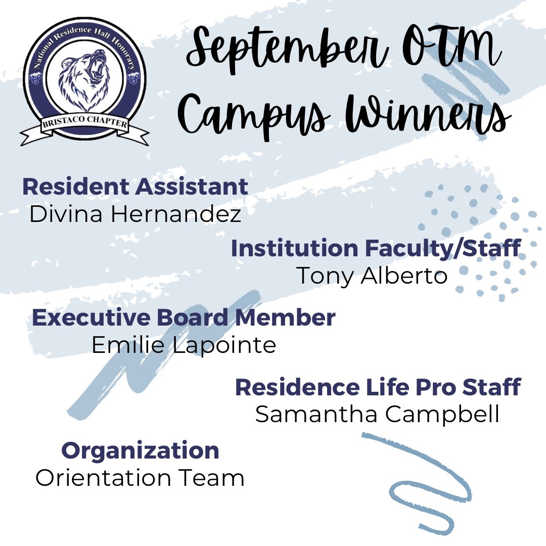 NRHHBSU's tweet photo. A bit late, but a huge congratulations to our winners for September’s “Of The Month” awards! From all of NRHH, thank you for your hard work and service for the BSU community! 🐻💙🤍
(repost) https://t.co/9ZpYIJjjfq