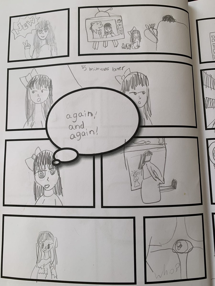 娘7歳が描いた漫画。メデューサに石化され、スーパーマンが鏡を使って助けてくれる話らしい。やっぱこの年齢だと、物語は勧善懲悪がベースだね。#ロンドン育児日記 