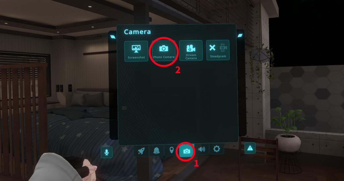 kuroi_96's tweet photo. VRChat新カメラ背景透過方法
1.VRCメニューを開き下のカメラアイコンを開く
2.「Photo Camera」を開くとカメラが出ま��
3.カメラの描写の表裏変更
4.カメラ位置固定はここで
5.カメラのワールド固定
6.マスクを選択(下のメニューの>を触ると表示されます)
7.[Envlronment]のチェックを外すと背景透過 https://t.co/2M55gN7KlL