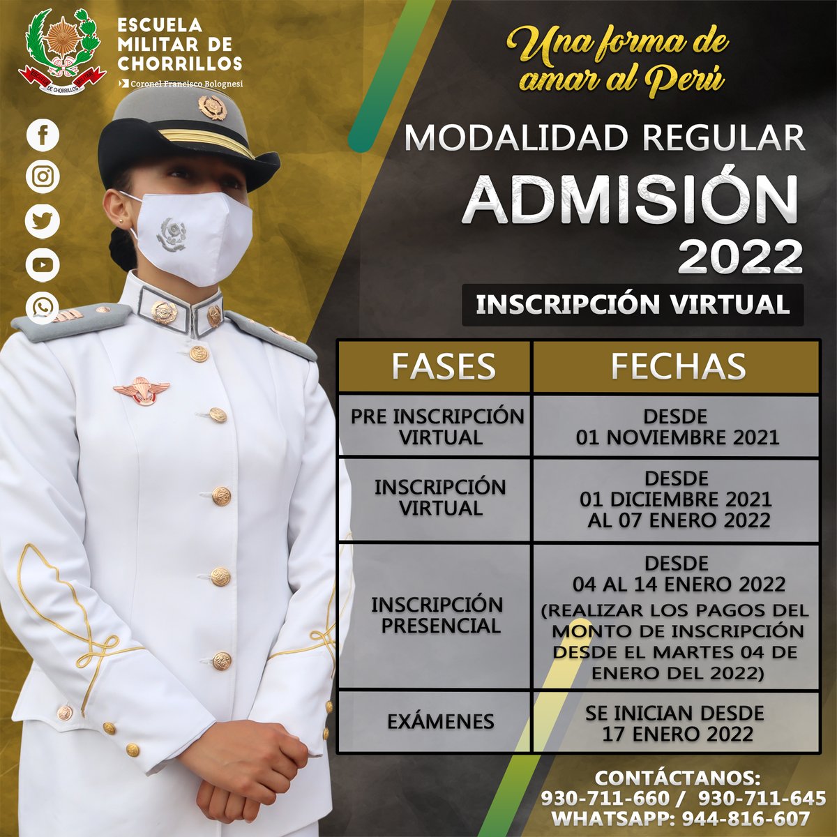 EMCH_CFB_'s tweet photo. Sé un Oficial del Ejército del Perú.
#ADMISIÓN2022
#MODALIDADREGULAR👏
¡Una forma de amar al Perú! 🇵🇪
Contáctanos:
WHATSAPP: 944-816-607
CELULARES: 930-711-660 / 930711645
#EscuelaMilitarDeChorrillosCFB
#UnaformadeamaralPerú
#SéUnOficialDelEjército https://t.co/v2bo7uxbey