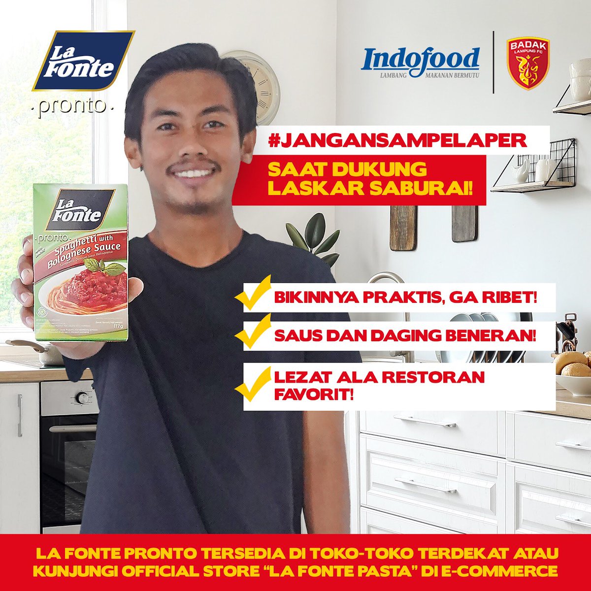 blfc_id's tweet photo. Lagi nonton BLFC dari rumah, tapi perut keroncongan karena lapar? Wah jangan sampai ya!

Ini dia pilihan tepat biar #JanganSampeLaper saat dukung Laskar Saburai: spaghetti La Fonte Pronto! Bikinnya praktis, saus dan dagingnya juga beneran! Nikmatnya selezat spaghetti ala restoran https://t.co/wR8dCbn3YC