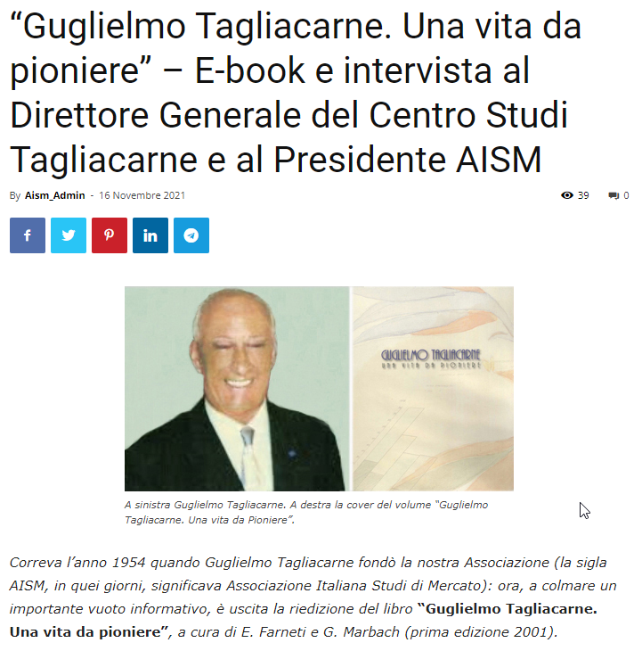l'intervista di <a href="/aisMarketing/">AISM</a> a GF Esposito, dg #Tagliacarne, in occasione della riedizione del volume "Guglielmo Tagliacarne, una vita da pioniere".
Leggi l'intervista qui ▶️ bit.ly/3wUDQ7q
Scarica il volume 📘 bit.ly/tagliacarne