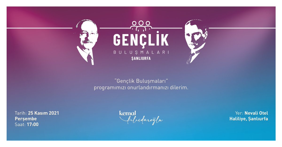 ChpKarakopru's tweet photo. GENEL BAŞKANIMIZ SAYIN KEMAL KILIÇDAROĞLU GENÇLERİMİZİN SORUNLARINI DİNLEMEK İÇİN ŞANLIURFA YA GELİYOR TOPLANTI BASINA KAPALI OLACAKTIR TÜM ŞANLIURFALI GENÇLERİMİZİ TOPLANTIYA BEKLİYORUZ
TARİH:25 KASIM PERŞEMBE
SAAT:17.00
YER:NEVALİ OTEL https://t.co/NmBGvrVvPq