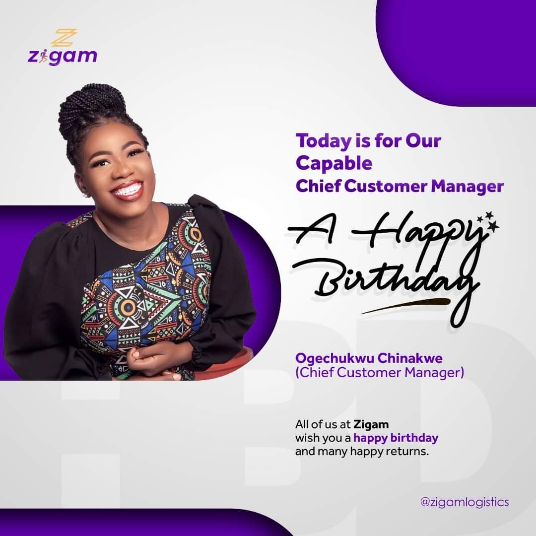 Zigamlogistics's tweet photo. Happy birthday to our capable Chief Customer Manager, Ogechukwu Chinakwe.

We value and appreciate your drive and commitment to the growth of the Zigam brand. https://t.co/2wZ5DvU0q2
