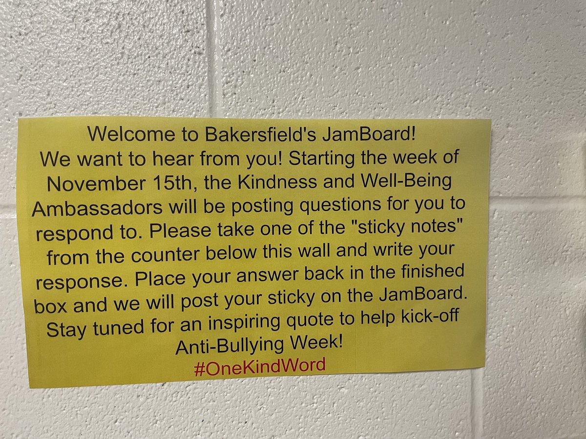 Real life wall-sized Jamboard part of our Anti-Bullying week kick-off #OneKindWord #antibullyingweekiseveryweek #yrdsb