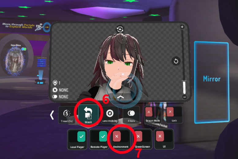 kuroi_96's tweet photo. VRChat新カメラ背景透過方法
1.VRCメニューを開き下のカメラアイコンを開く
2.「Photo Camera」を開くとカメラが出ま��
3.カメラの描写の表裏変更
4.カメラ位置固定はここで
5.カメラのワールド固定
6.マスクを選択(下のメニューの>を触ると表示されます)
7.[Envlronment]のチェックを外すと背景透過 https://t.co/2M55gN7KlL